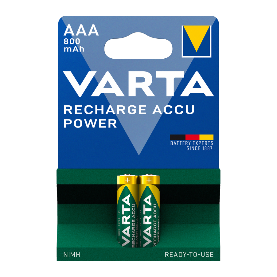 VARTA RECHARGE ACCU POWER AAA 800 MAH BLISTER DA 2 (BATTERIA NIMH ACCU PRECARICATA, MICRO, RICARICABILE, PRONTA ALL'USO)