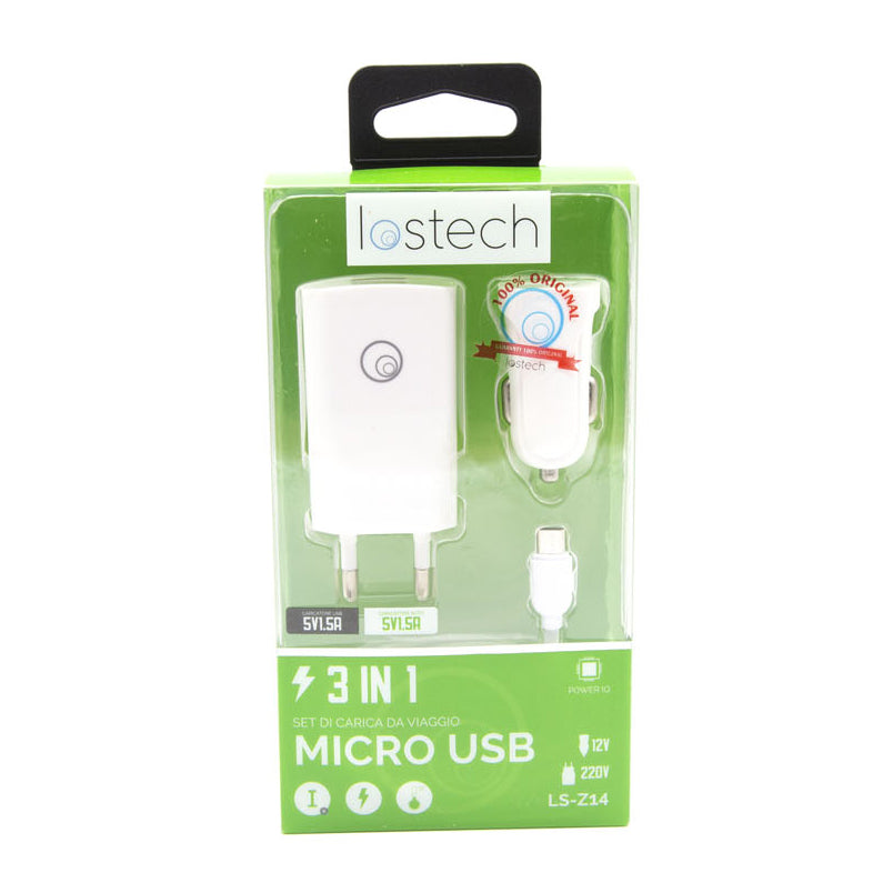 LOSTECH LS-Z14 SET 3 IN 1 MICRO USB CARICATORE CASA + CARICATORE AUTO + CAVO DA 100CM