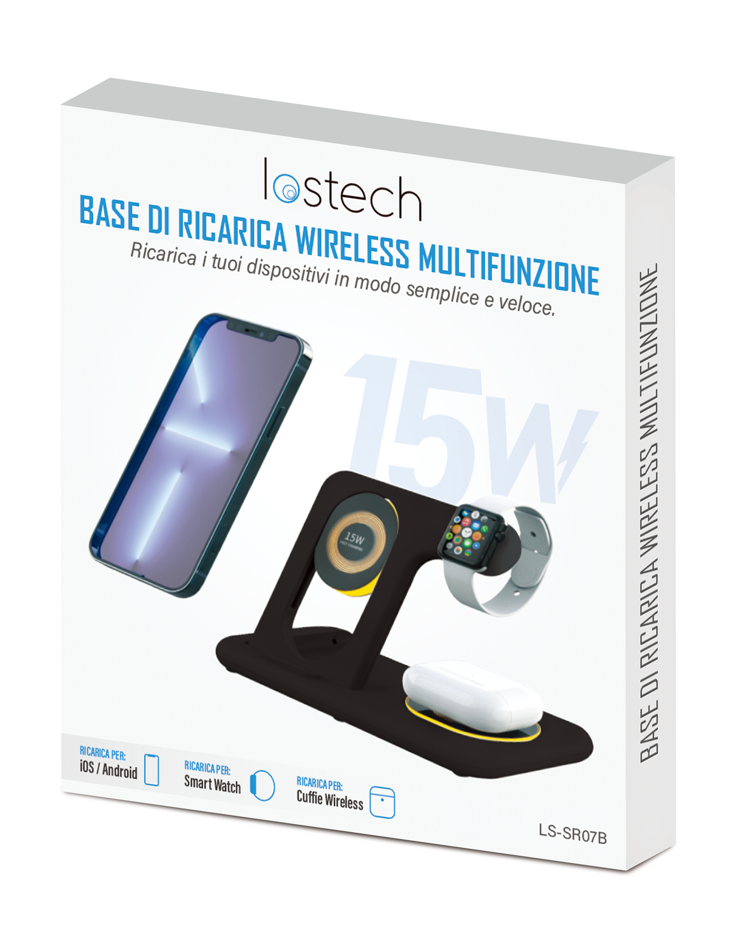 LOSTECH PREMIUM LS-SR07B BASE DI RICARICA WIRELESS 15W MULTIFUNZIONE - NERO