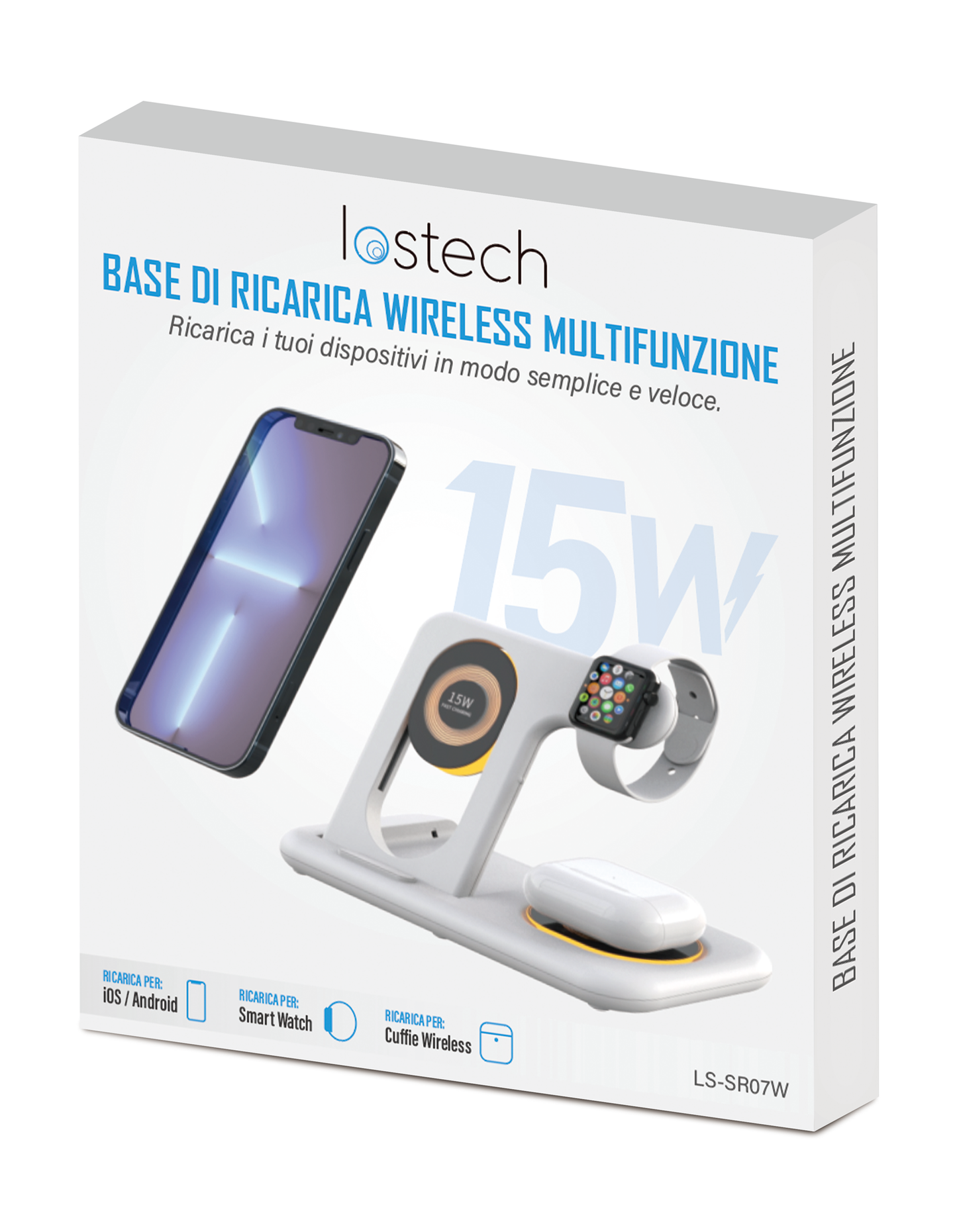 LOSTECH PREMIUM LS-SR07W BASE DI RICARICA WIRELESS 15W MULTIFUNZIONE PER SMARTPHONE, CUFFIE WIRELESS, SMART WATCH - BIANCO