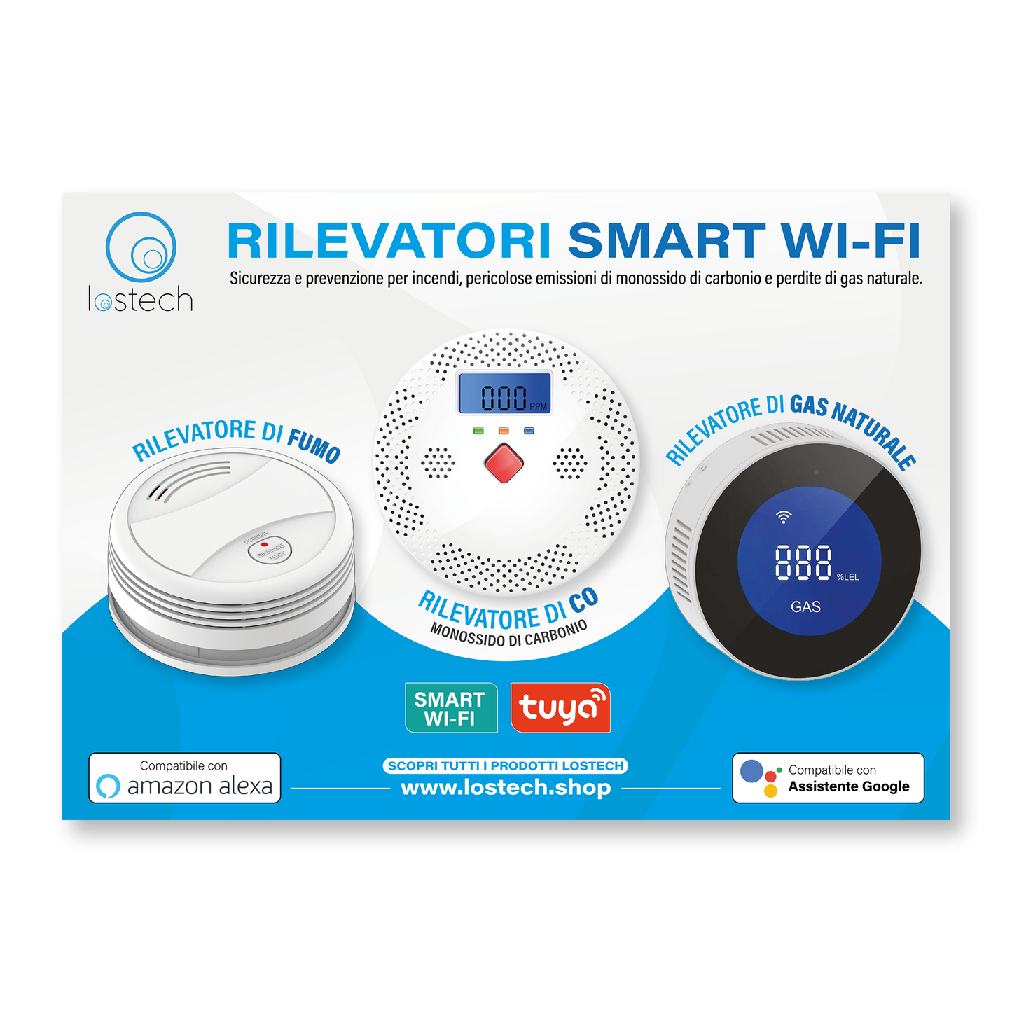 LOSTECH ESPOSITORE DA BANCO + RILEVATORI SMART GAS / FUMO / MONOSSIDO DI C.