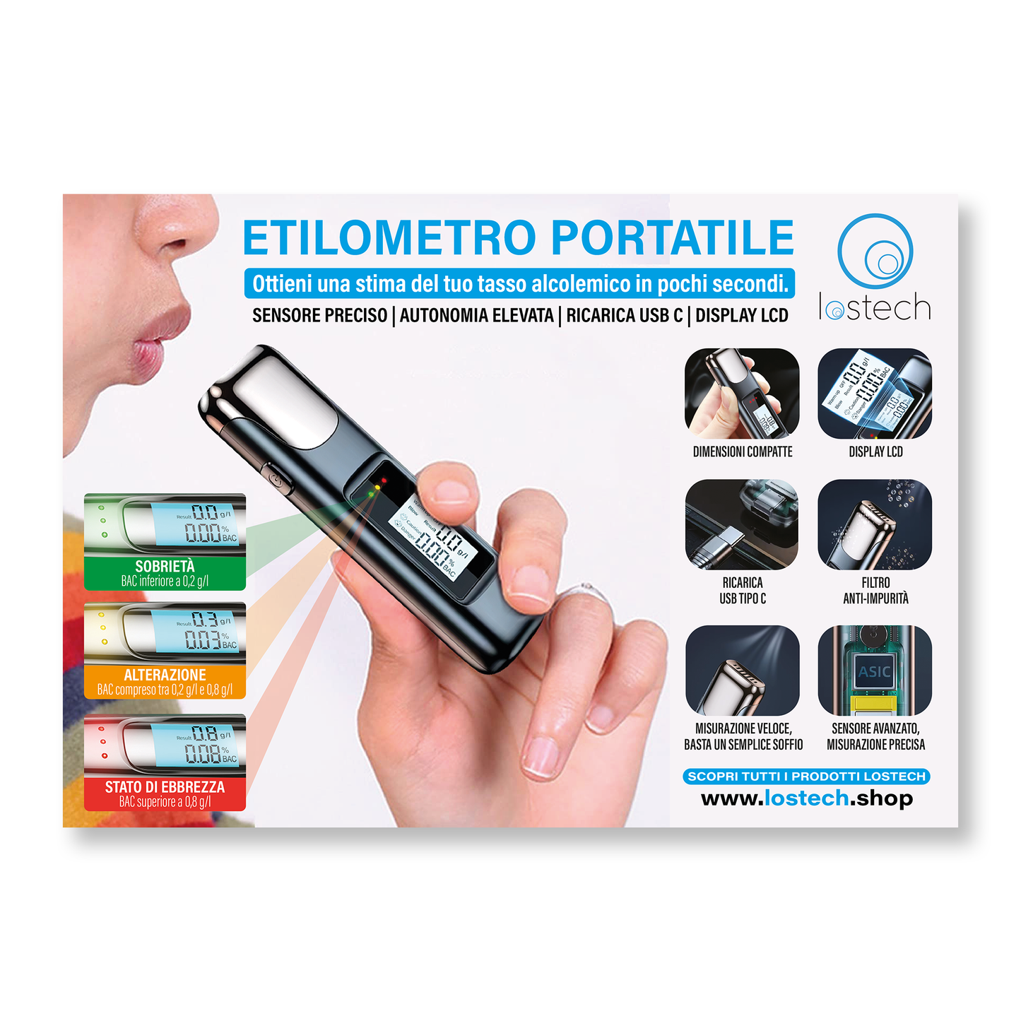 LOSTECH ESPOSITORE DA BANCO + ETILOMETRI RICARICABILI LS-ET02