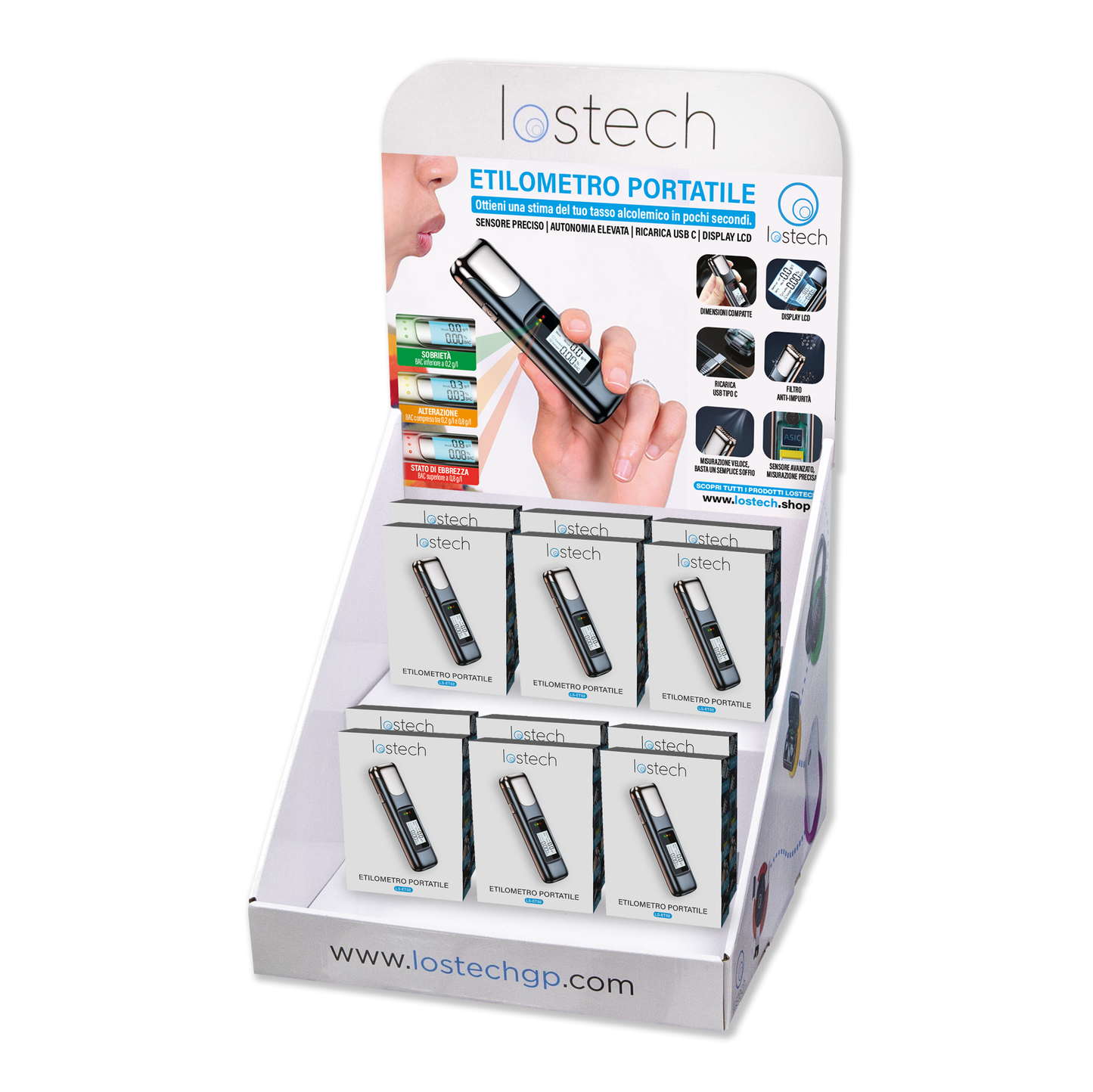 LOSTECH ESPOSITORE DA BANCO + ETILOMETRI RICARICABILI LS-ET02