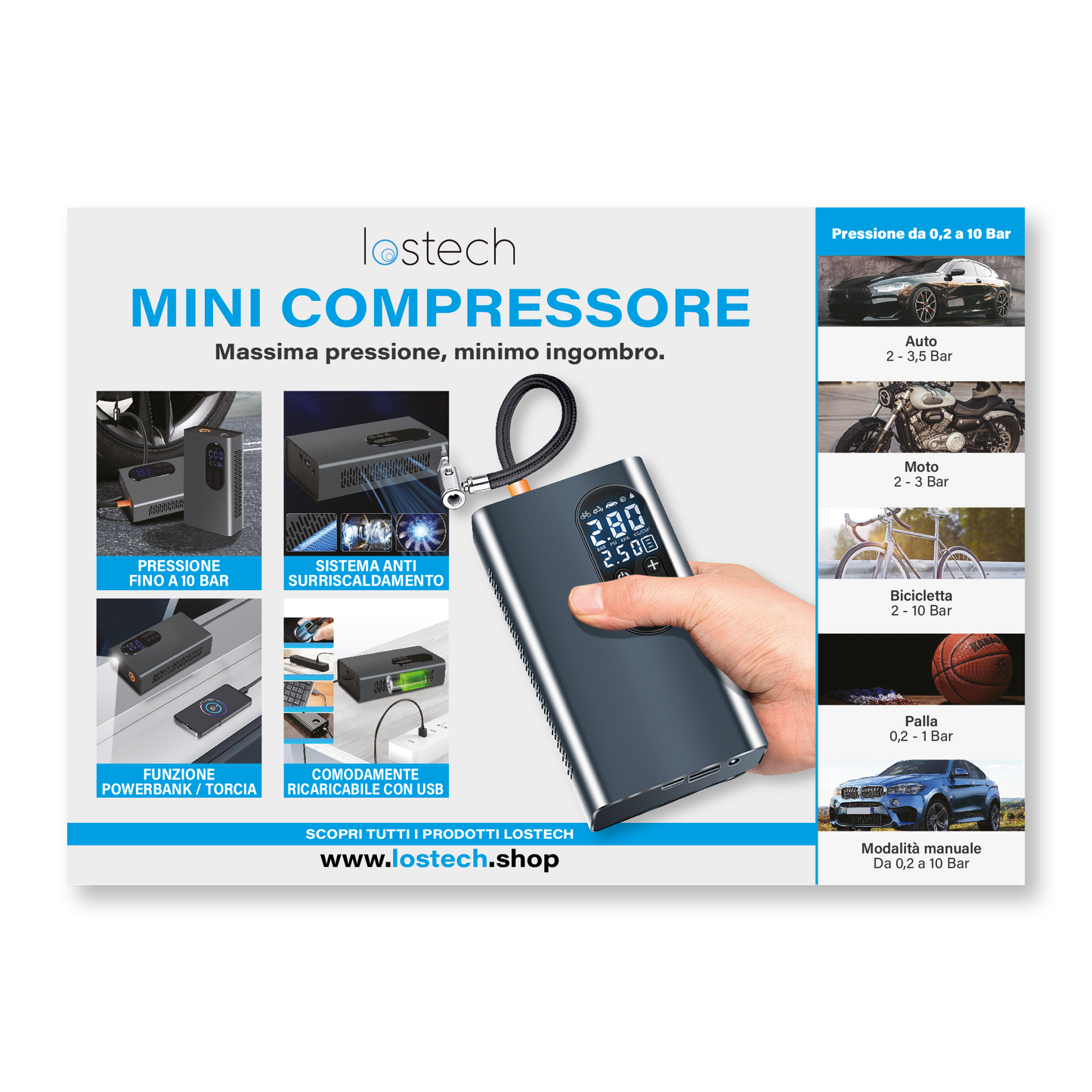 LOSTECH ESPOSITORE DA BANCO + MINI COMPRESSORI PORTATILI LS-MC01