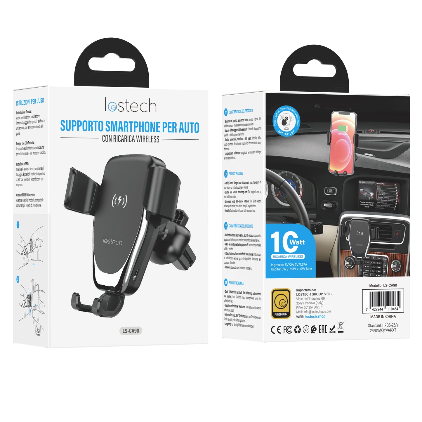 LOSTECH PREMIUM LS-CA90 SUPPORTO SMARTPHONE PER AUTO CON RICARICA WIRELESS