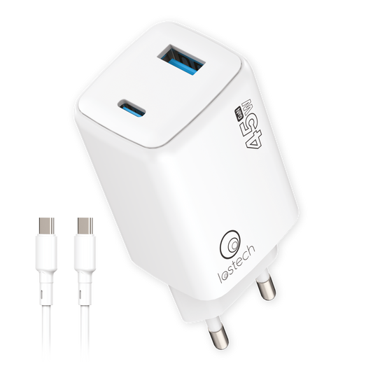 LOSTECH PREMIUM LS-NC57 CARICATORE GaN 45W CON USB-C E USB-A E CAVO USB-C/USB-C - BIANCO