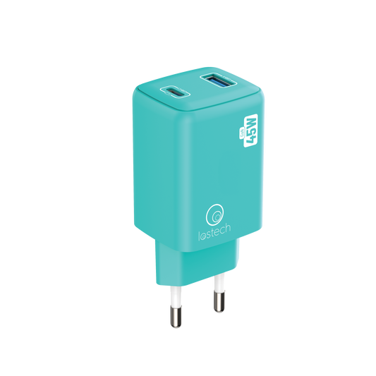 LOSTECH PREMIUM LS-NC12A CARICATORE GaN 45W USB / USB-C CON CAVO USB-C / USB-C 150CM - Aquamarine Blue