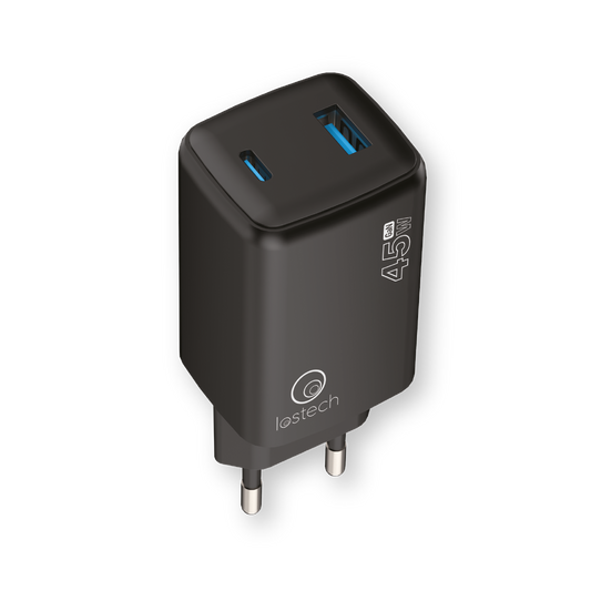 LOSTECH PREMIUM LS-NC09B CARICATORE GaN 45W CON USB-C E USB-A - NERO