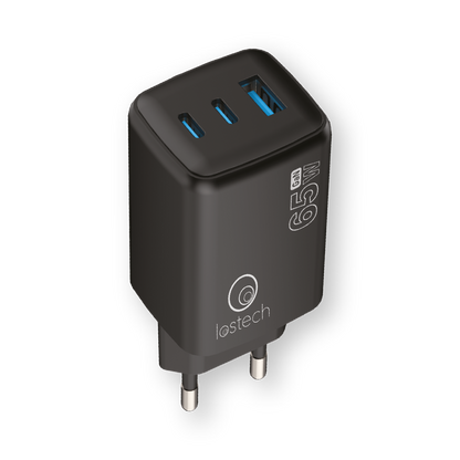 LOSTECH PREMIUM LS-NC11B CARICATORE GaN 65W CON 2 USB-C E 1 USB-A - NERO