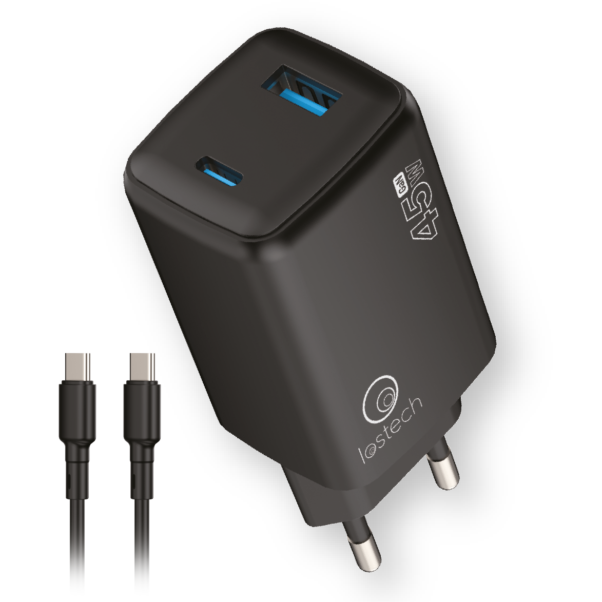 LOSTECH PREMIUM LS-NC57B CARICATORE GaN 45W CON USB-C E USB-A E CAVO USB-C/USB-C - NERO