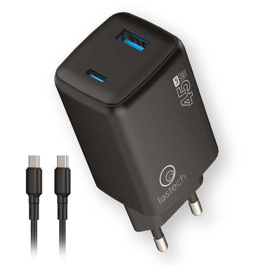 LOSTECH PREMIUM LS-NC57B CARICATORE GaN 45W CON USB-C E USB-A E CAVO USB-C/USB-C - NERO