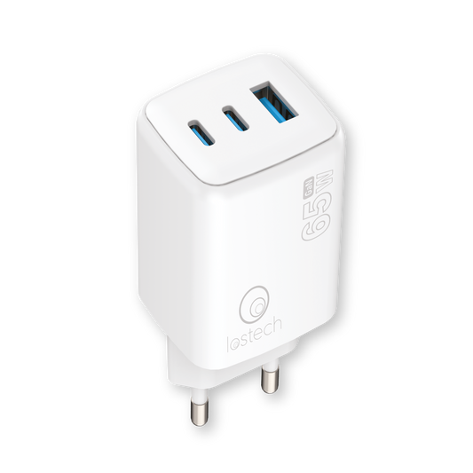 LOSTECH PREMIUM LS-NC11 CARICATORE GaN 65W CON 2 USB-C E 1 USB-A - BIANCO