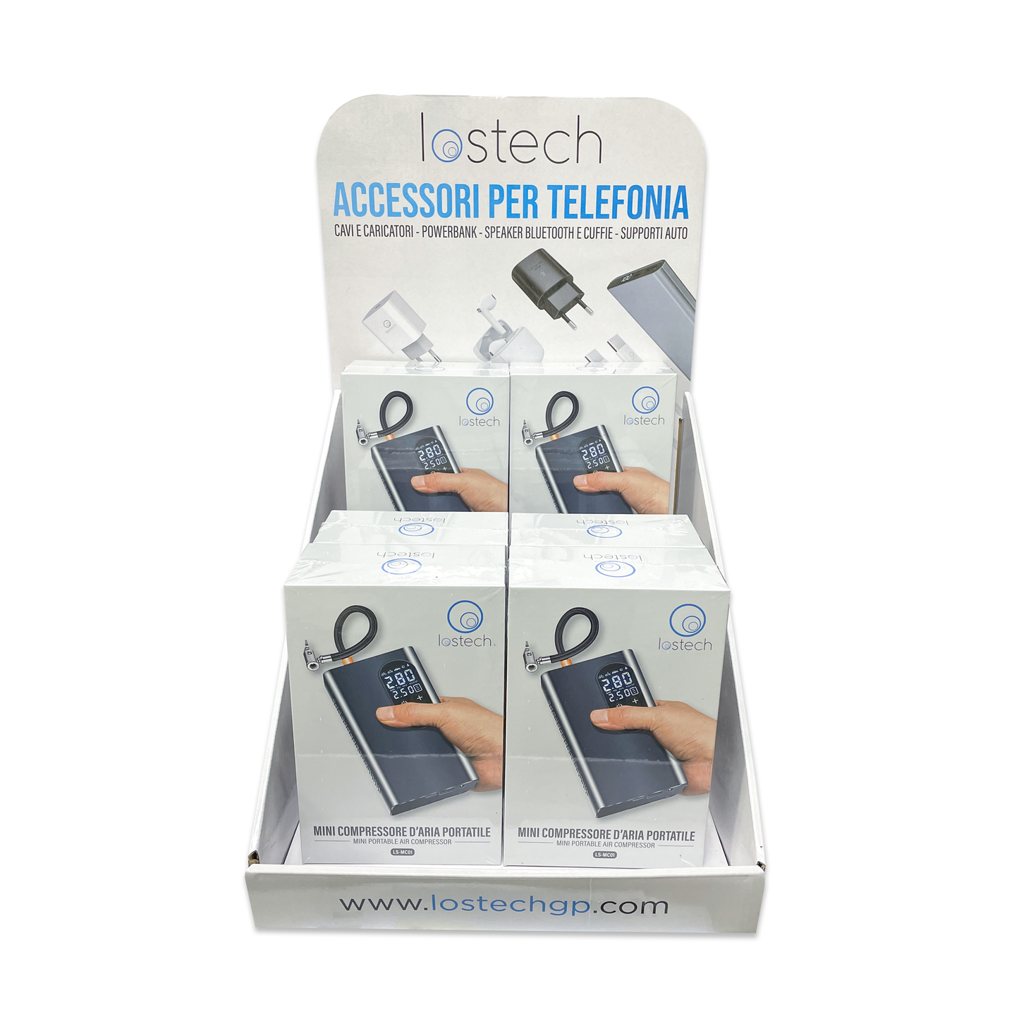 LOSTECH ESPOSITORE DA BANCO + MINI COMPRESSORI PORTATILI LS-MC01