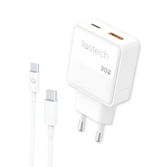 LOSTECH PREMIUM LS-NC07CC CARICATORE 30W GaN CON USB-C E USB-A + CAVO USB-C / USB-C